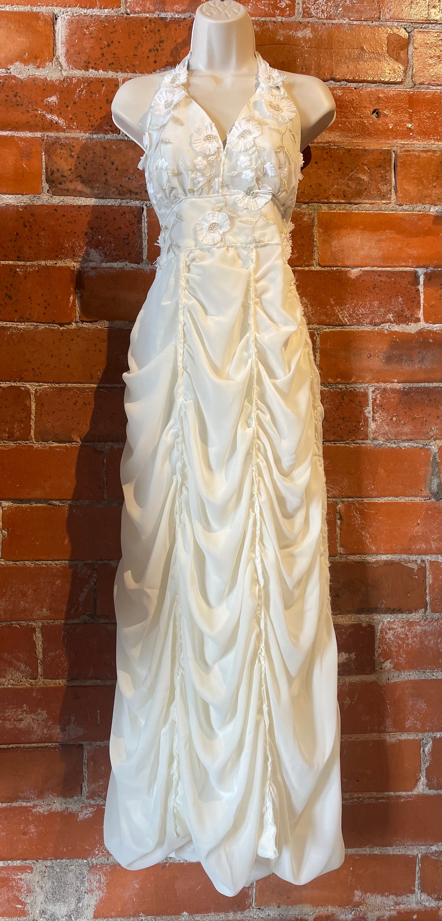 Look 3- Halter Rouched Gown in Ivory with Floral Embroidered Shawl 2 pc