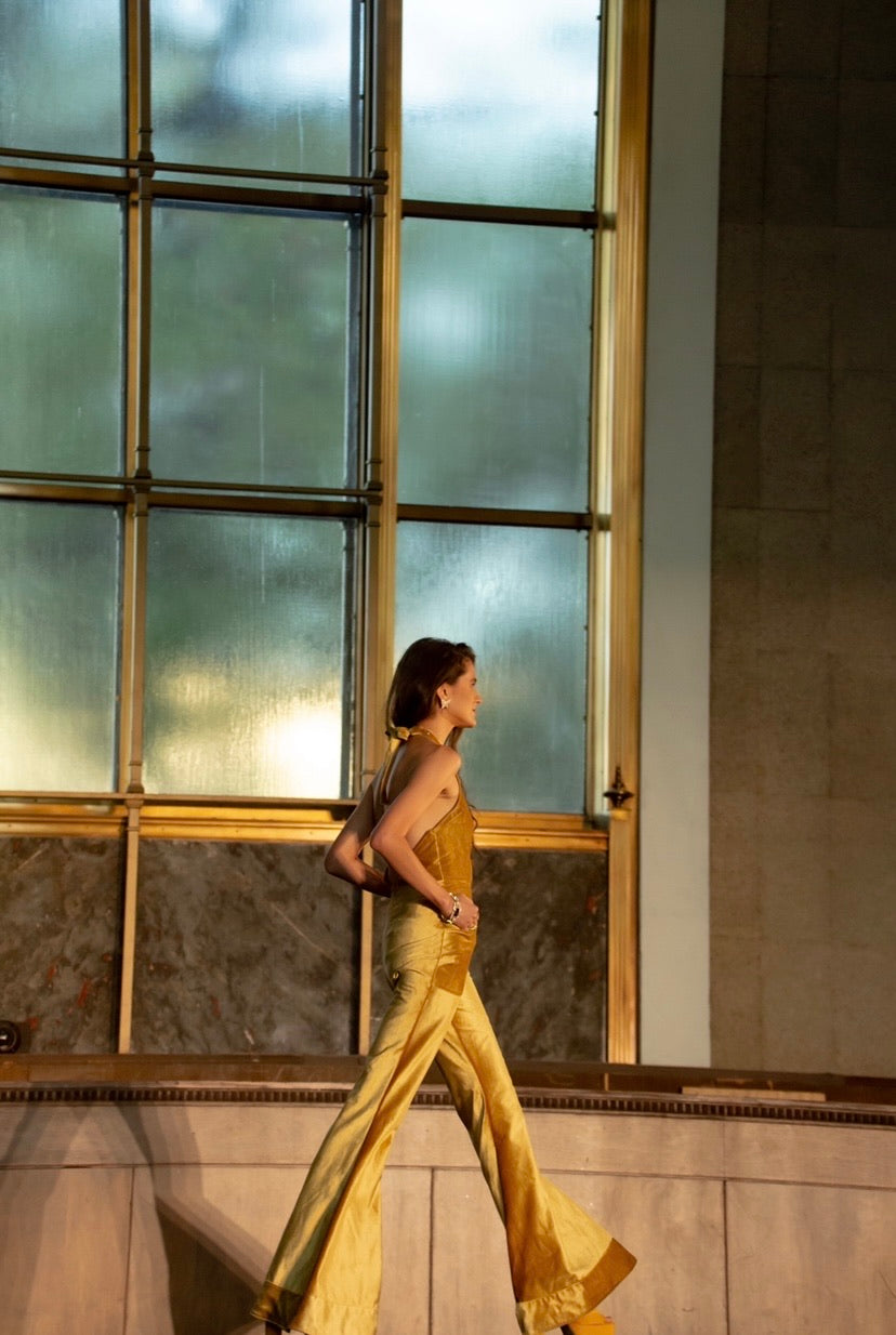 Gold Silk Velvet Jumpsuit- Flores del Desierto S/S LAFW