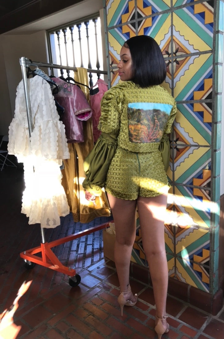 Green Silk Velvet Jumpsuit & Jacket Set- Flores del Desierto LAFW