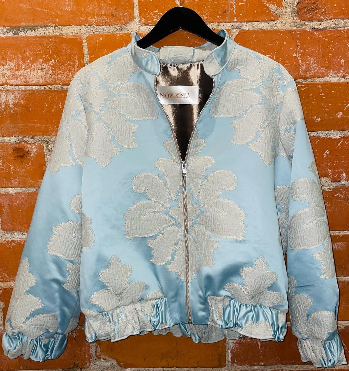 Ice Blue Brocade Bomber Jacket