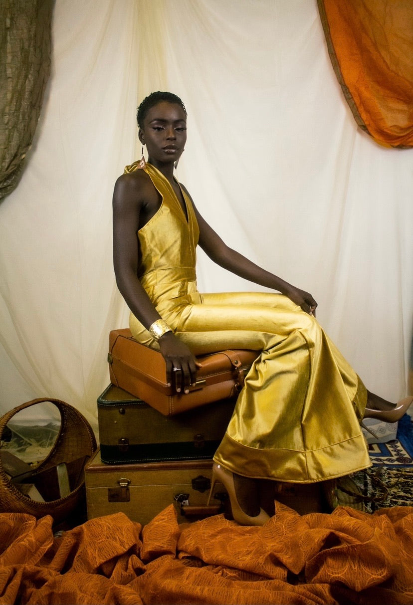 Gold Silk Velvet Jumpsuit- Flores del Desierto S/S LAFW