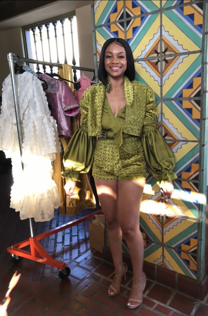 Green Silk Velvet Jumpsuit & Jacket Set- Flores del Desierto LAFW