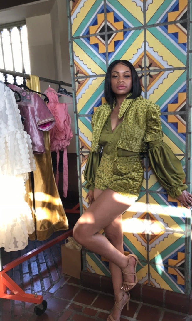 Green Silk Velvet Jumpsuit & Jacket Set- Flores del Desierto LAFW