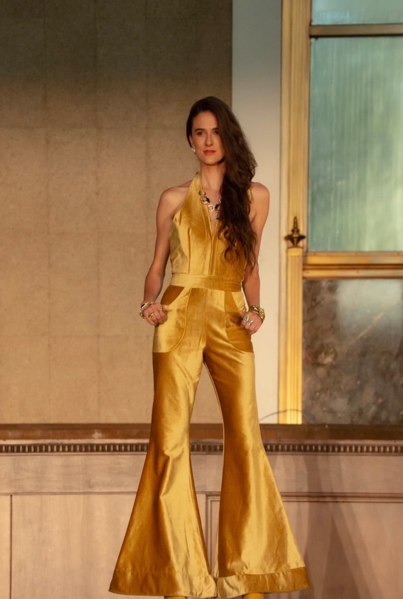 Gold Silk Velvet Jumpsuit- Flores del Desierto S/S LAFW