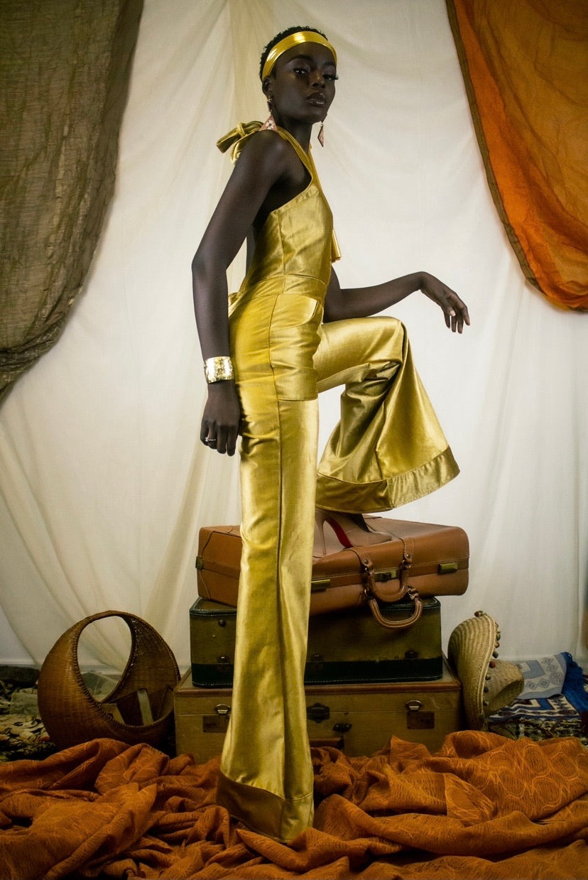 Gold Silk Velvet Jumpsuit- Flores del Desierto S/S LAFW